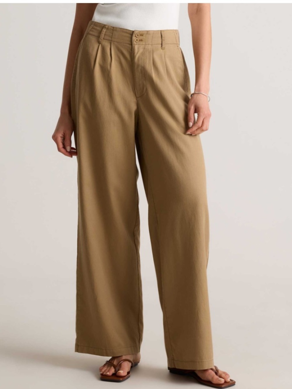 Quince Twill Pleated Wide Leg Trousers Baywood Tan Size 10 Relaxed Elastic Back